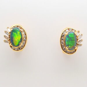 Blue Orange Green Yellow Gold Solid Australian Black Opal Diamond Stud Earrings