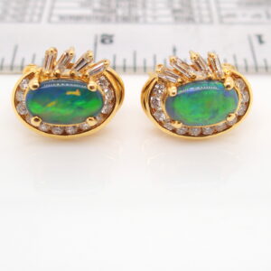 Blue Orange Green Yellow Gold Solid Australian Black Opal Diamond Stud Earrings