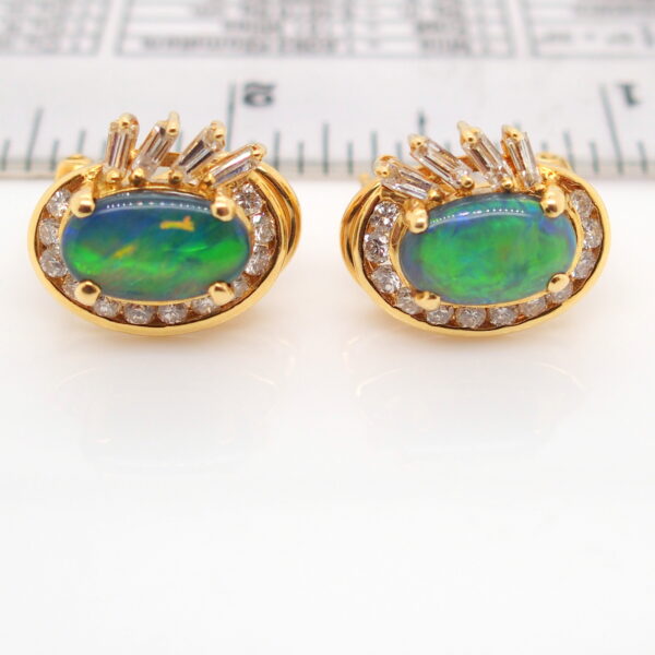 Blue Orange Green Yellow Gold Solid Australian Black Opal Diamond Stud Earrings