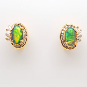 Blue Orange Green Yellow Gold Solid Australian Black Opal Diamond Stud Earrings