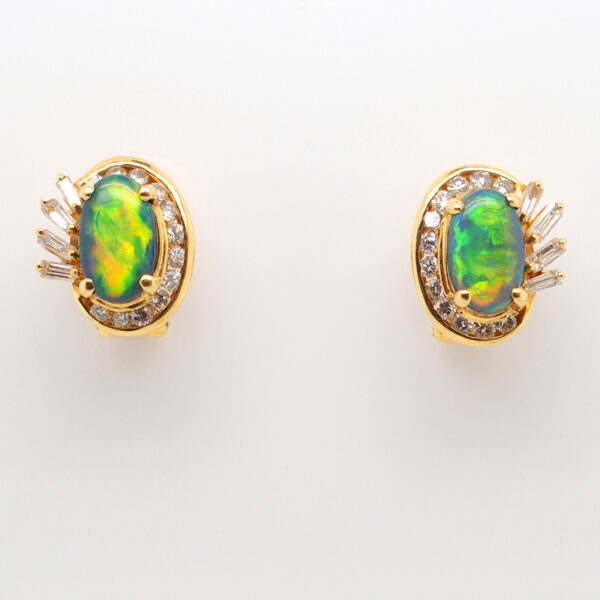 Blue Orange Green Yellow Gold Solid Australian Black Opal Diamond Stud Earrings