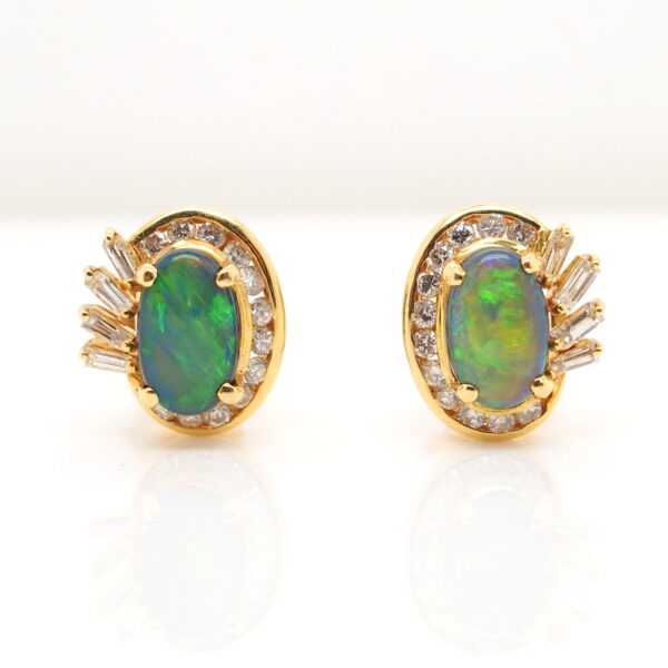 Blue Orange Green Yellow Gold Solid Australian Black Opal Diamond Stud Earrings