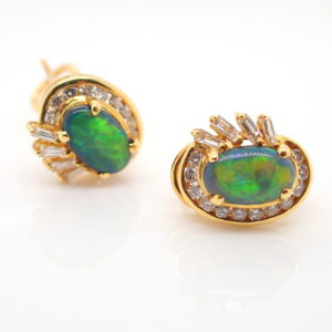 Blue Orange Green Yellow Gold Solid Australian Black Opal Diamond Stud Earrings