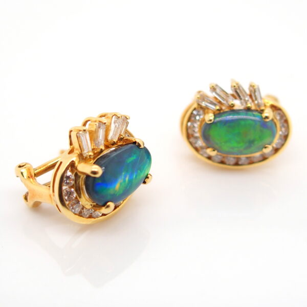 Blue Orange Green Yellow Gold Solid Australian Black Opal Diamond Stud Earrings