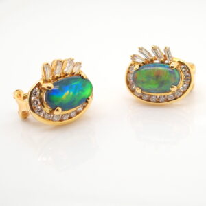 Blue Orange Green Yellow Gold Solid Australian Black Opal Diamond Stud Earrings