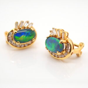 Blue Orange Green Yellow Gold Solid Australian Black Opal Diamond Stud Earrings