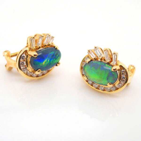 Blue Orange Green Yellow Gold Solid Australian Black Opal Diamond Stud Earrings