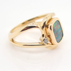Red and Green Yellow Gold Solid Australian Boulder Opal Engagement Ring with diamond accent