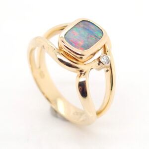 Red and Green Yellow Gold Solid Australian Boulder Opal Engagement Ring with diamond accent