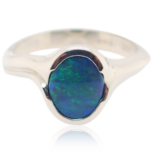 Blue and Green White Gold Solid Australian Black Opal Engagement Ring