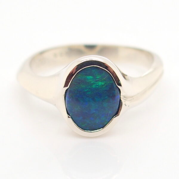 Blue and Green White Gold Solid Australian Black Opal Engagement Ring