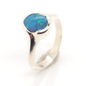 Blue and Green White Gold Solid Australian Black Opal Engagement Ring