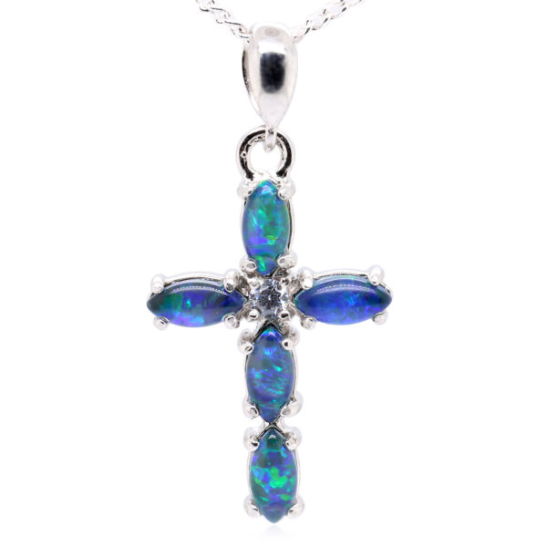 Blue Green Sterling Silver Australian Triplet Opal Cross Necklace Pendant