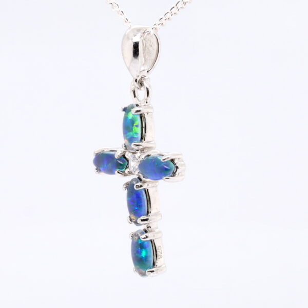Blue Green Sterling Silver Australian Triplet Opal Cross Necklace Pendant