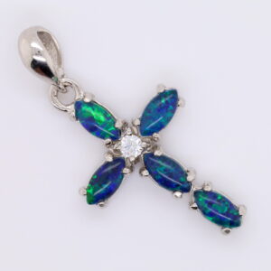 Blue Green Sterling Silver Australian Triplet Opal Cross Necklace Pendant