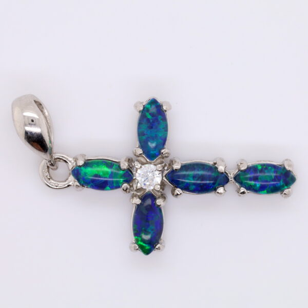 Blue Green Sterling Silver Australian Triplet Opal Cross Necklace Pendant