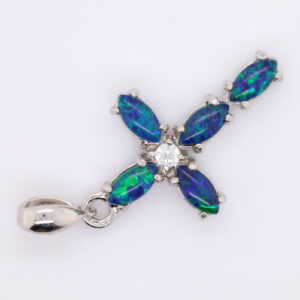 Blue Green Sterling Silver Australian Triplet Opal Cross Necklace Pendant