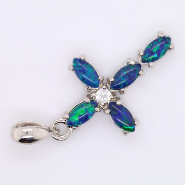 Blue Green Sterling Silver Australian Triplet Opal Cross Necklace Pendant