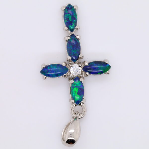 Blue Green Sterling Silver Australian Triplet Opal Cross Necklace Pendant