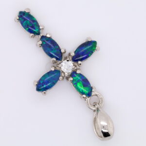 Blue Green Sterling Silver Australian Triplet Opal Cross Necklace Pendant