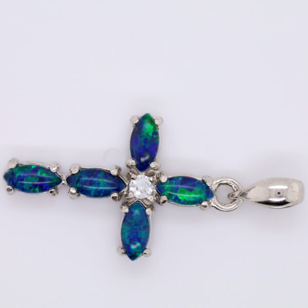 Blue Green Sterling Silver Australian Triplet Opal Cross Necklace Pendant