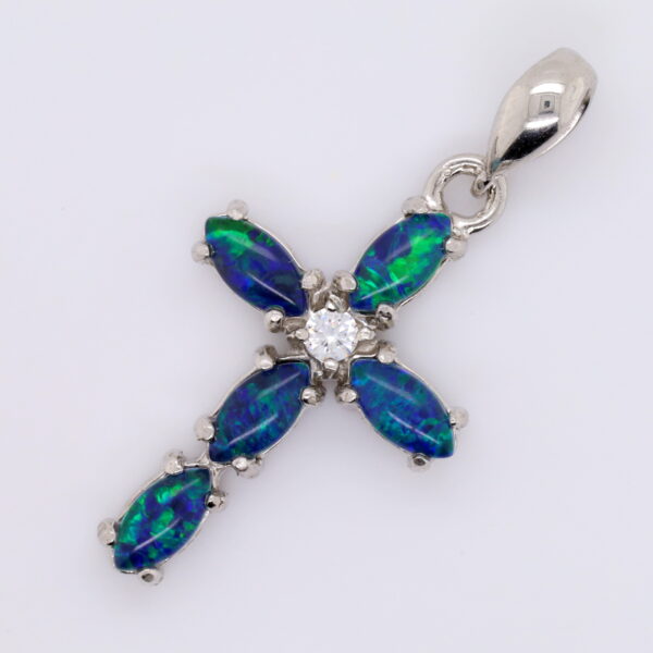 Blue Green Sterling Silver Australian Triplet Opal Cross Necklace Pendant