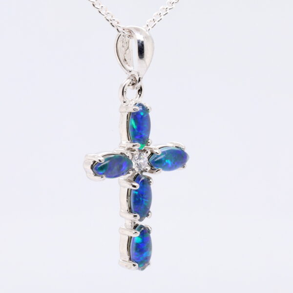 Blue Green Sterling Silver Australian Triplet Opal Cross Necklace Pendant