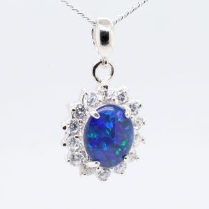 Blue Green Sterling Silver Australian Triplet Opal Pendant Necklace