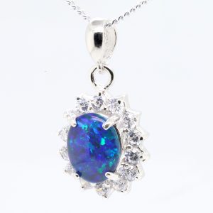 Blue Green Sterling Silver Australian Triplet Opal Pendant Necklace