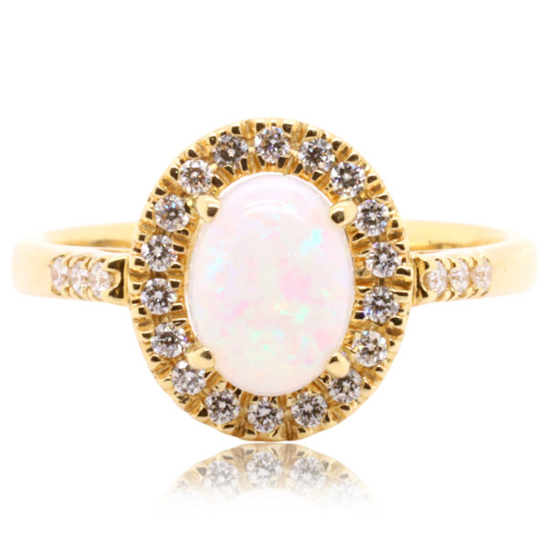 Blue Green Pink Yellow Gold Solid Australian White Opal Engagement Ring with Diamonds