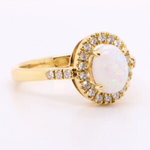 Blue Green Pink Yellow Gold Solid Australian White Opal Engagement Ring with Diamonds