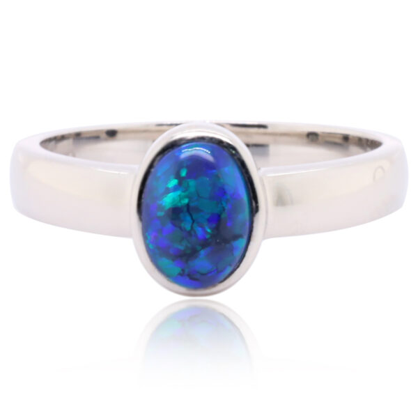 Blue Green Sterling Silver Australian Black Opal Ring