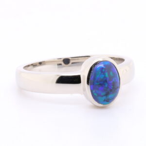 Blue Green Sterling Silver Australian Black Opal Ring