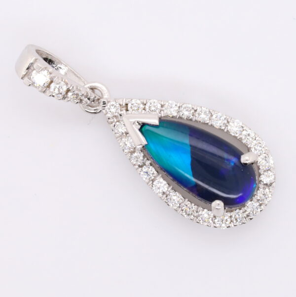White Gold Blue Purple Green Solid Australian Black Opal and Diamond Necklace Pendant