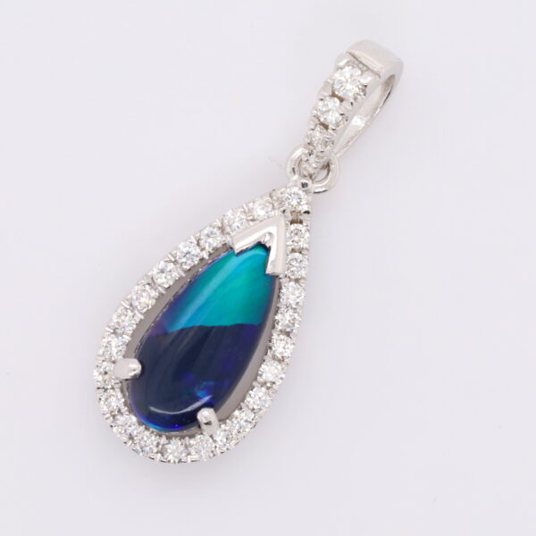 White Gold Blue Purple Green Solid Australian Black Opal and Diamond Necklace Pendant