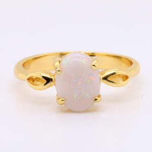 Green Red Solid Australian White Opal Sterling Silver Gold Plated Ring