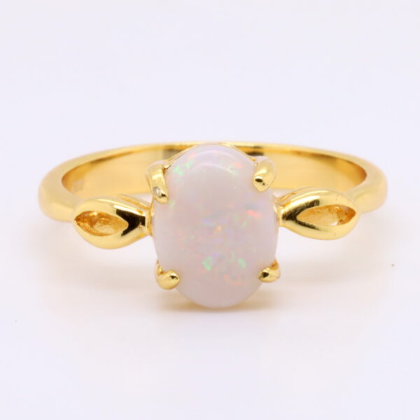 Green Red Solid Australian White Opal Sterling Silver Gold Plated Ring