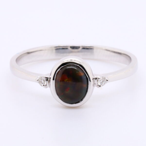 Red and Orange White Gold Solid Australian Black Opal Engagement Ring with Diamonds