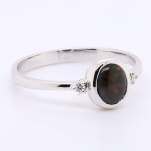 Red and Orange White Gold Solid Australian Black Opal Engagement Ring with Diamonds