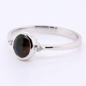 Red and Orange White Gold Solid Australian Black Opal Engagement Ring with Diamonds