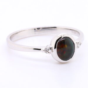 Red and Orange White Gold Solid Australian Black Opal Engagement Ring with Diamonds