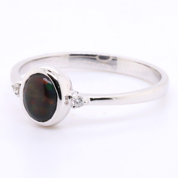 Red and Orange White Gold Solid Australian Black Opal Engagement Ring with Diamonds