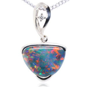 Blue, Green, Red White Gold Solid Australian Black Opal and Diamond Pendant Necklace