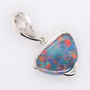 Blue, Green, Red White Gold Solid Australian Black Opal and Diamond Pendant Necklace