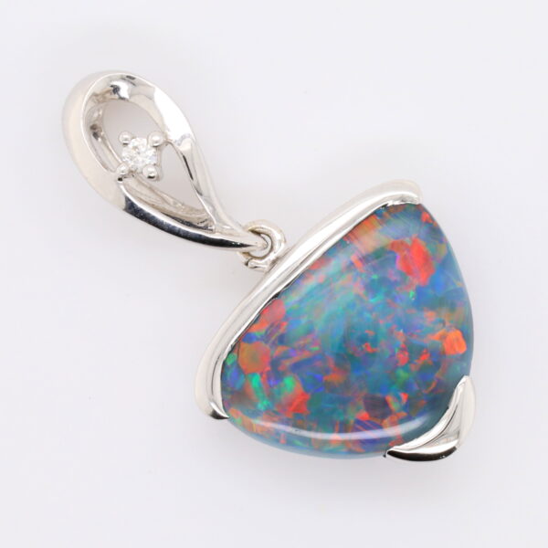 Blue, Green, Red White Gold Solid Australian Black Opal and Diamond Pendant Necklace