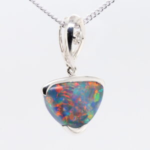 Blue, Green, Red White Gold Solid Australian Black Opal and Diamond Pendant Necklace