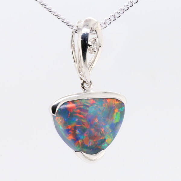 Blue, Green, Red White Gold Solid Australian Black Opal and Diamond Pendant Necklace
