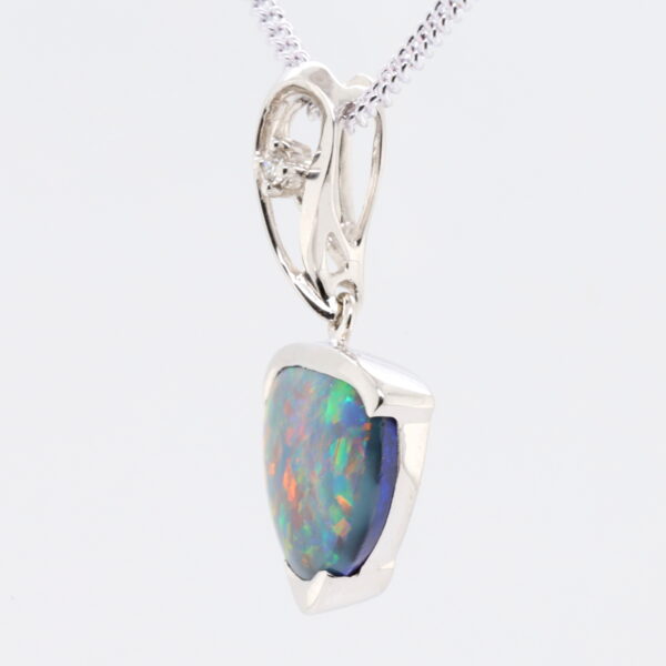 Blue, Green, Red White Gold Solid Australian Black Opal and Diamond Pendant Necklace