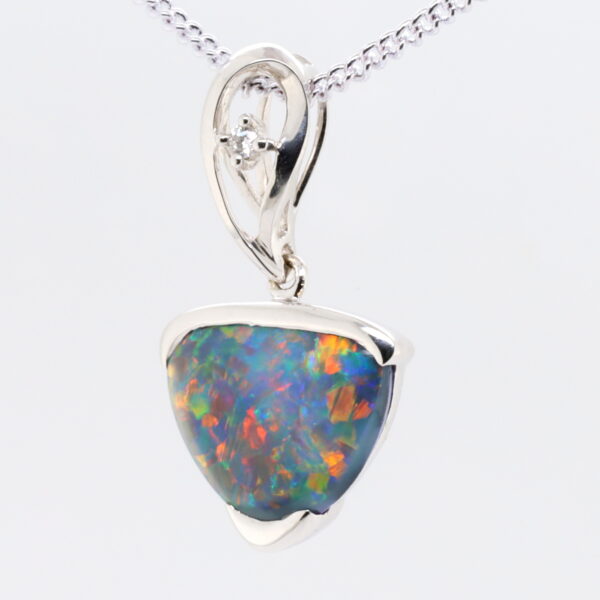Blue, Green, Red White Gold Solid Australian Black Opal and Diamond Pendant Necklace