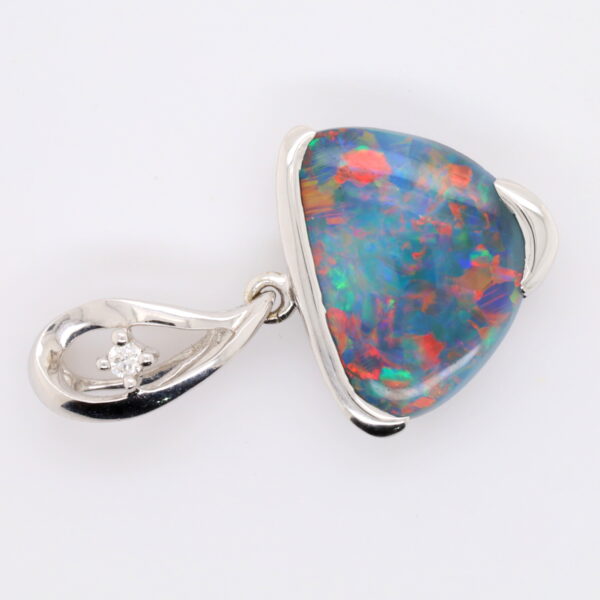 Blue, Green, Red White Gold Solid Australian Black Opal and Diamond Pendant Necklace